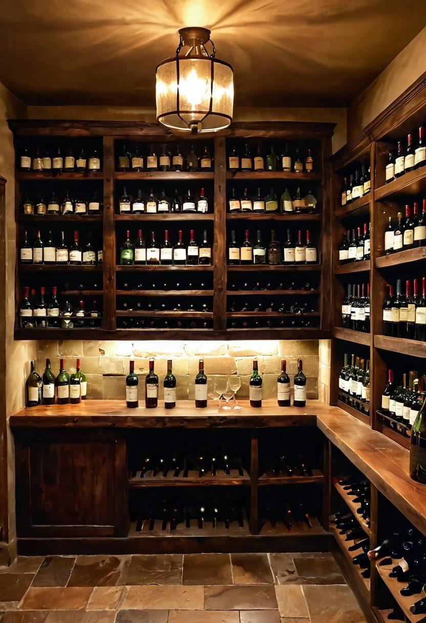 A beautifully arranged rustic wine cellar showcasing vintage bottles, aging elegantly in wooden racks. Soft, warm lighting highlights the rich textures of aged wood and the dusty charm of the bottles. A cozy corner with a wooden tasting table, adorned with elegant glassware and a rich, vintage fabric draping. Lush green vines cascade from the shelves, adding a touch of nature to the scene. Artistic highlights and glowing reflections create a warm, inviting atmosphere. super-realistic. warm tones. inviting ambiance.