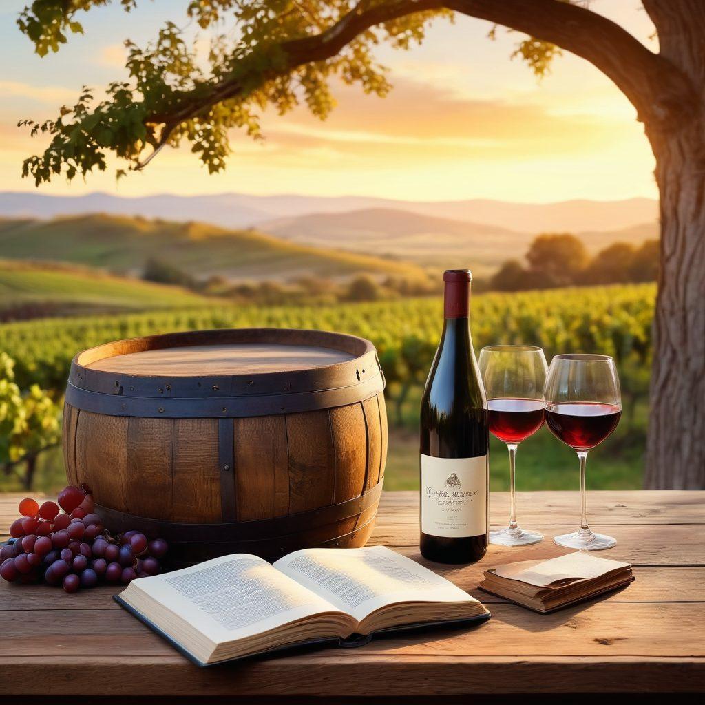 A rustic vineyard landscape with sun-kissed grapevines, an old oak wine barrel in the foreground, and a vintage wooden table set with elegant wine glasses. A soft golden sunset casts a warm glow, and a bottle of aged red wine rests beside a weathered leather journal, evoking a sense of nostalgia. Overhead, wispy clouds and distant rolling hills complete the picturesque scene. super-realistic. warm colors. vintage style.