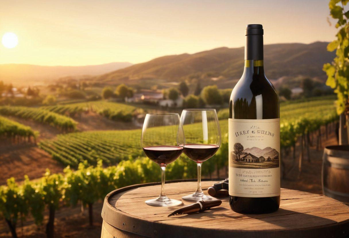 A rustic vineyard at sunset, with hilly landscapes and rows of grapevines, showcasing a winemaker delicately bottling wine, surrounded by barrels and vintage tools. Include details like soft glows of evening light, shadows playing on the vines, and a close-up of a bottle with intricate labeling. Super-realistic. Warm, earthy tones. Soft focus background.